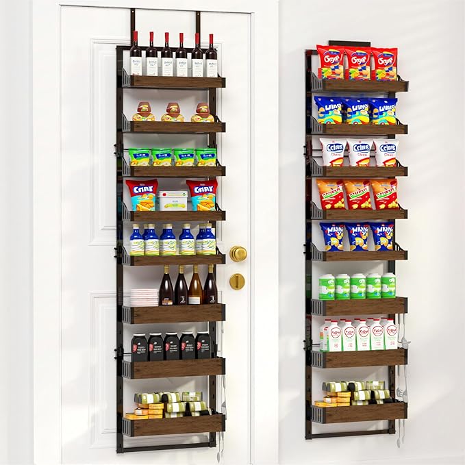 Over the Door Pantry Organizer: Storage and Pantry Organization with Hanging Basket - 8-Tier Metal Spice Rack Adjustable Shelves for Kitchen Laundry Room Bedroom & Bathroom Black