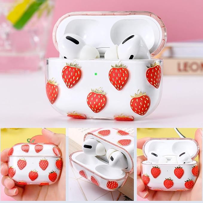Compatible with Apple Airpods Pro Case for Women, Clear with Designs Patterns Hard PC Shockproof [Front LED Visible ] Anti-Fall Full Protector, Strawberry