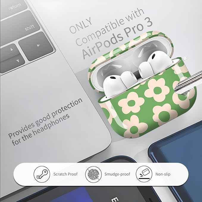 Compatible with AirPods Pro 3 (2025) Case, Airpod Pro 3 Protective Cover with Cute Golden Keychain for Girls & Women (Green Groovy Flower)