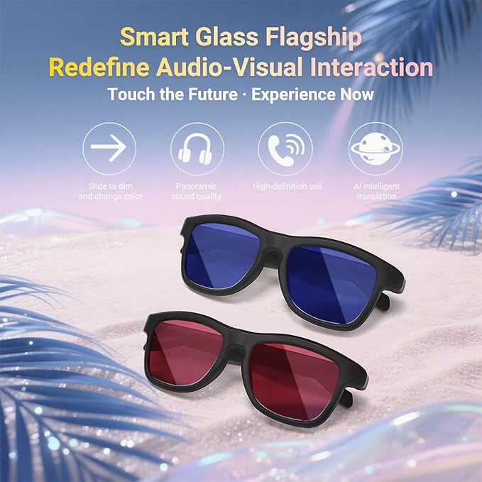 AI Translator Glasses - 2025 Smart Glasses with Slidable Color-Changing Lenses, Hands-Free Open-Ear Audio, Voice Assistant & UV Protection-RED Lenses