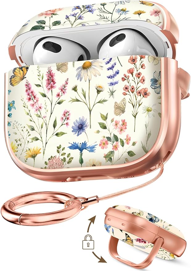 Coralogo for AirPods 3rd Case with Safety Lock - Cute Cartoon for AirPods 3rd Generation for Women Girls Fashion Stylish Retro Flower Pattern Design Kawaii Girly Girlish Hard Protective Cover