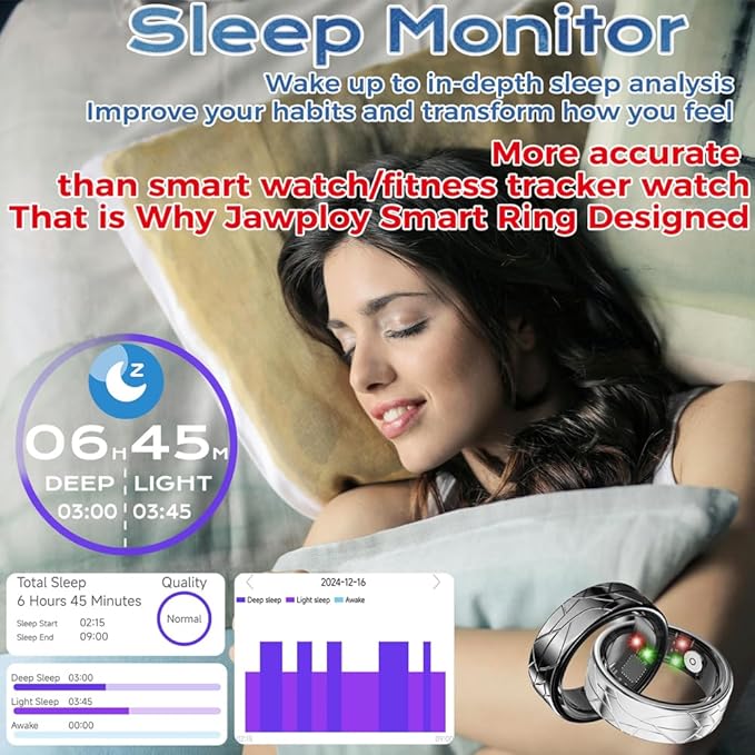 Smart Ring Fitness Tracker Sleep Tracking Heart Rate Monitor Pedometer, Waterproof Activity Tracker Fitness Ring Steps Counter, Gesture Controls for Short Video, 8 Days Last, Silver, #11