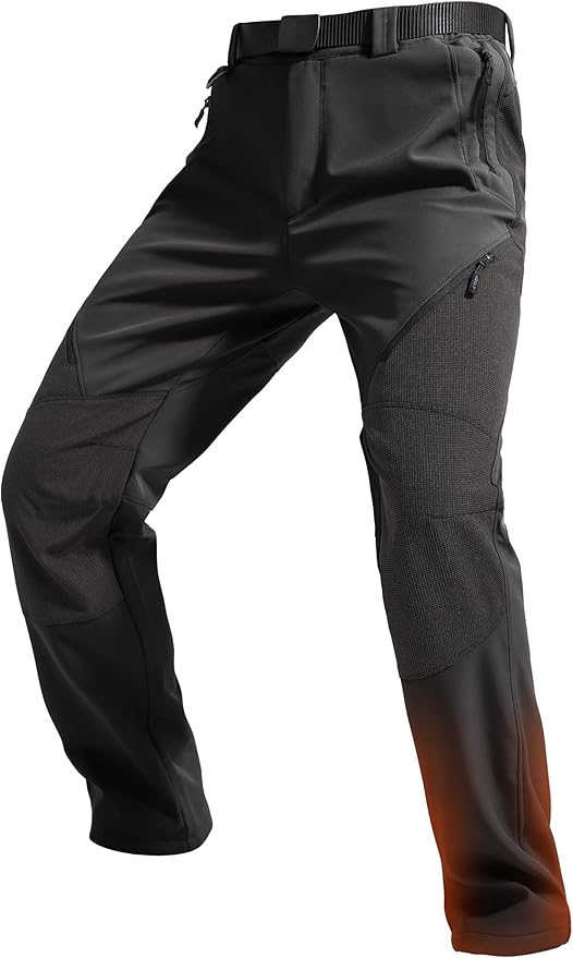 FREE SOLDIER Men's Fleece Lined Outdoor Cargo Hiking Pants Water Repellent Softshell Snow Ski Pants with Zipper Pockets