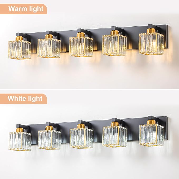 Crystal Black Gold Bathroom Vanity Light, 5-Lights Bathroom Lighting Fixtures Over Mirror Modern Glam Crystal Wall Lighting with Square Shade