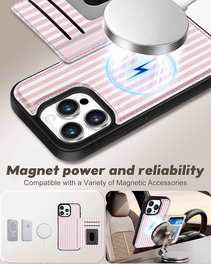 for iPhone 13 Pro Case with Wallet - Fits 4 Card Slots, Compatible with MagSafe for Women Aesthetic Durable PU Leather Credit Card Holder Kickstand Phone Cover for Apple 13 Pro, Stripe