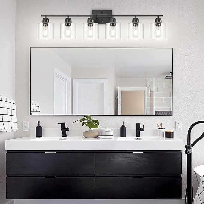 Bath Vanity Lights For Mirror, Restroom Lights Fixtures With Milky White Frosted Glass Shades,Bathroom Over Sink Light Fixtures, Bathroom Light Fixtures Over Mirror (Black with clear glass, 6-Light)