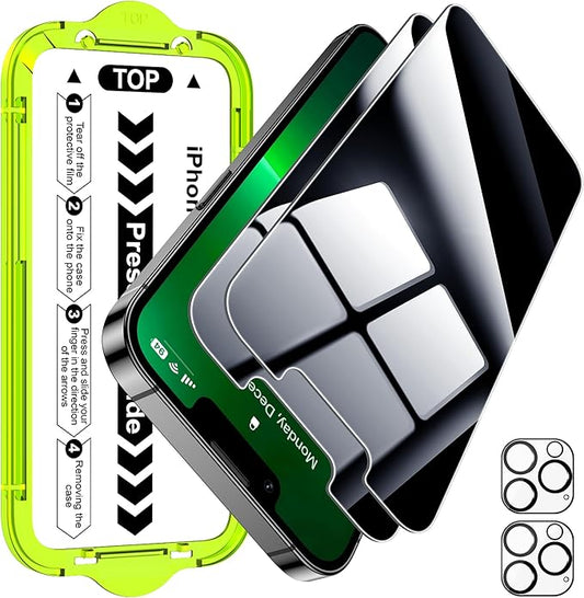 Esanik [2+2 Pack for iPhone 13 Pro 6.1‘’ Privacy Screen Protector – Anti-Spy Tempered Glass & Camera Lens Cover, Military-Grade 9H Hardness, Anti-Scratch, Flawless Fit Tray