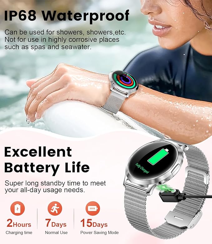 DREMAC Smart Watch(Make Call/Thin),1.32'' Amoled Curved Display for Android iPhone,Smart Watches for Women with Heart Rate Monitor,Sleep Monitor,Pedometer,IP68 Waterproof Fitness Tracker,Silver Metal