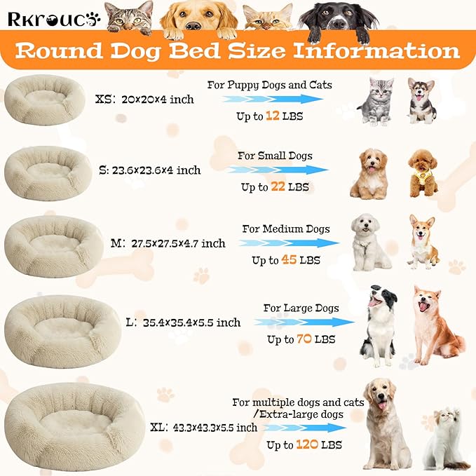Fluffy Dog Bed Calming Donut Beds for Large Dogs Warming Round Small Medium Pet Nest Cozy Cat Mattress Indoor Washable Puppy Kennel Kittens Sleep Mat (XS, 20×20 inch, Khaki)