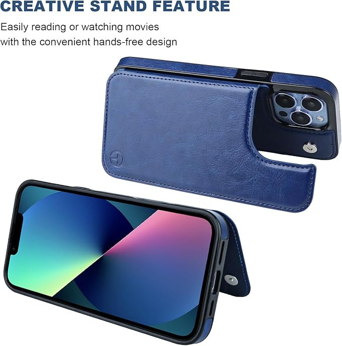 ONETOP Compatible with Magsafe for iPhone 13 Pro Max Wallet Case with Card Holder, PU Leather Kickstand RFID Blocking Case, Double Magnetic Clasp and Durable Shockproof Cover 6.7 Inch (Blue)