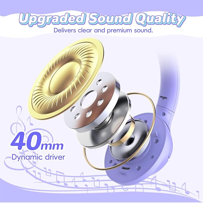 Kids Bluetooth Headphones, 85H Playtime Wireless Headphones for Kids, Colorful LED Lights, 85/94dB Safe Volume Limit, Bluetooth 5.4 Built-in Mic Toddler Headset for Tablet/Airplane (Purple)