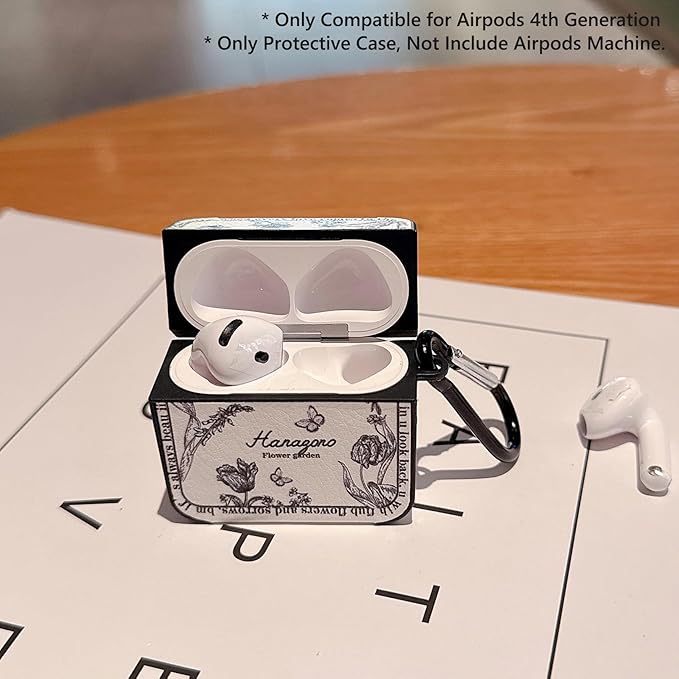 for AirPod 4 Case for Women Girls Cute Retro Flower Design with Keychain PU Leather Squre Shockproof Protective Cover Compatible with AirPods 4th Gen Case (Retro Rose White)