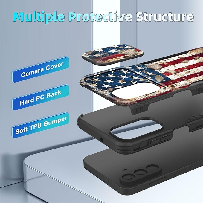 for Galaxy A17 5G Case Built in Slide Camera Lens Cover,Heavy Duty Shockproof Protection Dual Layer Case for Samsung Galaxy A17 5G 6.7" 2025,Rustic American Flag