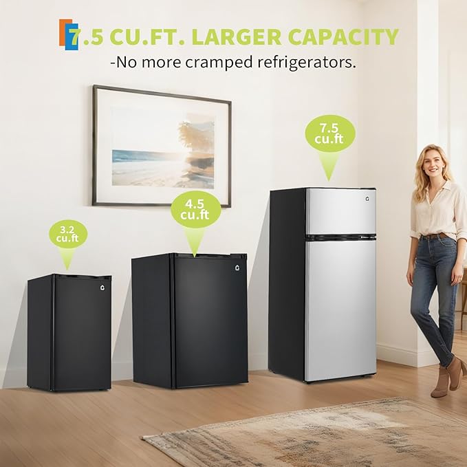 Garvee 7.5 Cu. Ft. Compact Refrigerator | Two Door Mini Fridge with Energy-Efficient & Quiet Operation | for Dorm, Office, Bedroom, Kitchen, Bar Use with Adjustable Shelves