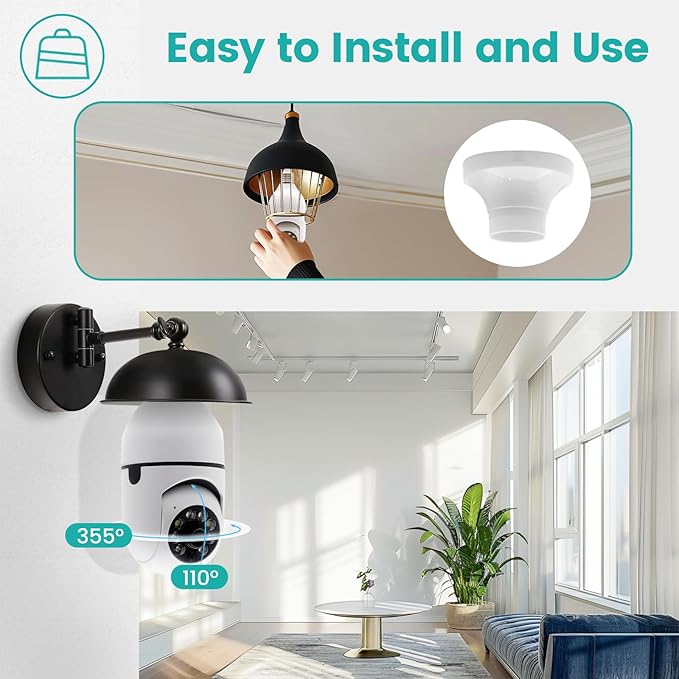 E26 Socket Security Camera - 2K HD WiFi Camera with Night Vision, Motion Detection, Two-Way Audio, Indoor/Outdoor Cameras for Home Security,Support WiFi & 2.4GHz (1PCS)