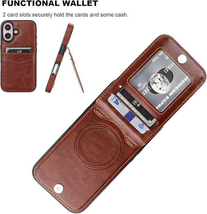 KIHUWEY for iPhone 16 Case Wallet Compatible with MagSafe Wireless Charging, Credit Card Holder, RFID Flip Leather Magnetic Clasp Kickstand Heavy Duty Protective Cover 6.1 Inch (Brown)
