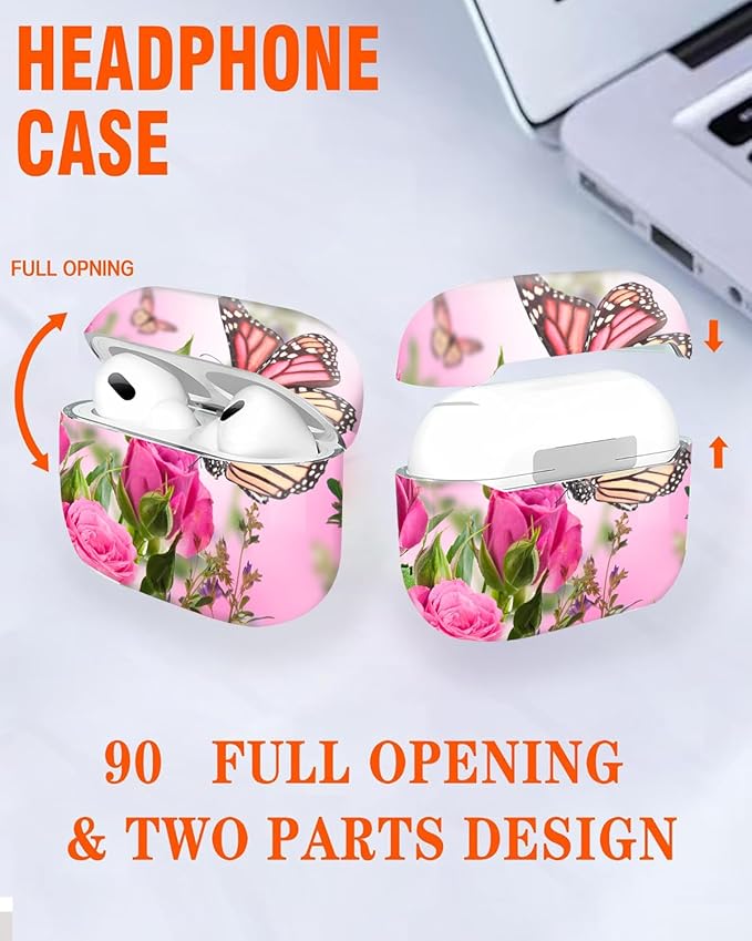 Compatible with Airpod Pro 2nd/1st Generation,Full Protection Cover for Women,Accessories Hard Case Portable & Shockproof for Airpod Pro 2nd Charging Case 2023/2022/2019(Butterfly Rose Floral)