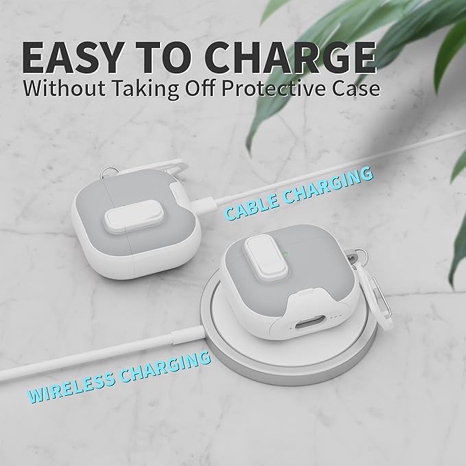 for AirPods 4 Case with Lock,TPU Leather Texture Protective Durability Anti-Lost & Shockproof Protective Cover Accessories with Cleaning Kit in Keychain for Apple AirPods 4 Generation (White/Grey)