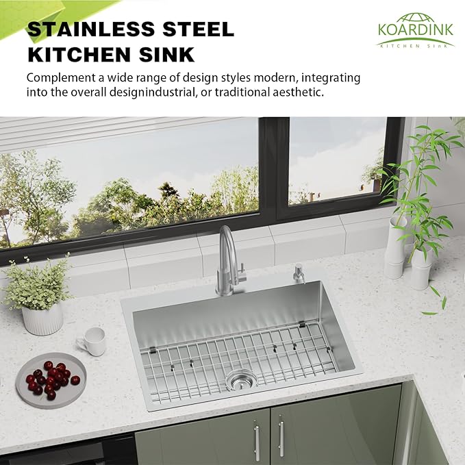 30x22 Inch Stainless Steel Kitchen Sink - Drop In Single Bowl Topmount Modern Large Kitchen Sink With SS Grid, Colander,Drain Strainer Set Compatibility With Various Kitchen&Bar Style
