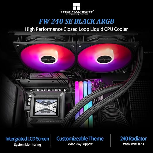 Thermalright FW 240 SE ARGB Black-AIO CPU Liquid Cooler,IPS LCD Screen with 320 * 240 Resolution,for AM4/AM5,Intel LGA1700/1851,2-inch Magnet-Absorbent LCD Screen for Images-Black,PC CPU Water Cooler