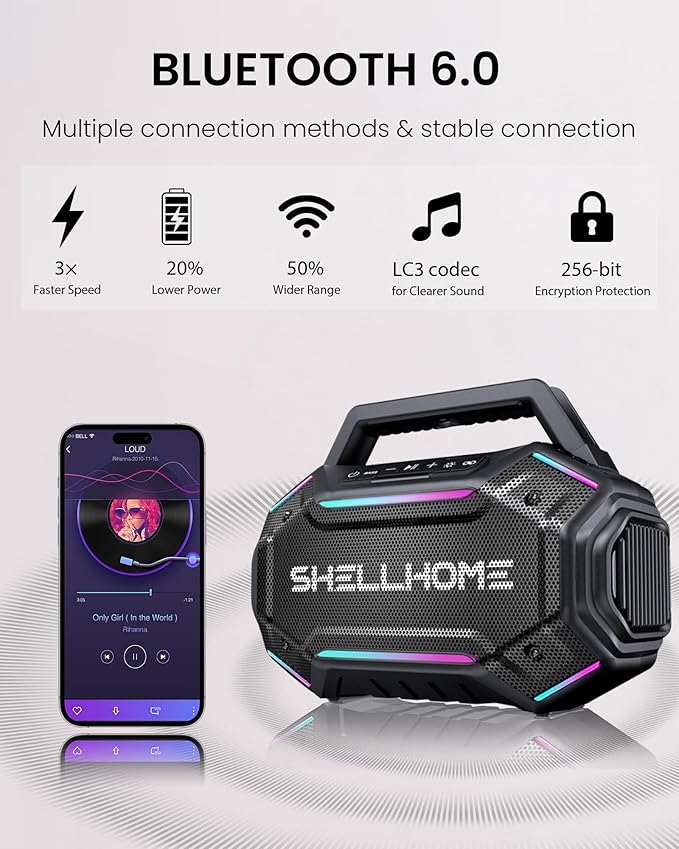 Bluetooth Outdoor Speakers, 80W(Peak) Loud Wireless Speaker, 30H Playtime, RGB Lights, BassUp 2.0, IPX6 Waterproof, TWS, Bluetooth 6.0, Portable Boombox for Party, Pool, Beach (Pink)