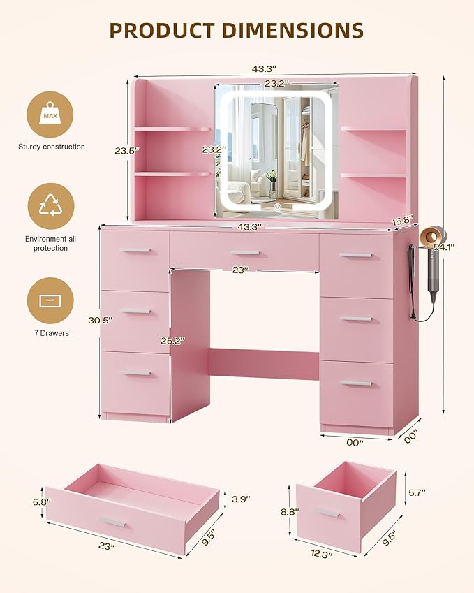 Large Makeup Vanity Desk, 43.3“W x 15.7”D x 53.2“H, Pink (Large Desktop, Samrt LED Mirror, 4 Open Shelves, 7 Drawers, Hairdryer Rack, Power-Outlet, No Cushion Stool Included)
