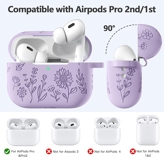 Flower Engraved Case for AirPods Pro 2 Gen with Clean Kit & Keychain, Cute Soft Silicone Protective AirPods Pro Case Cover for Apple AirPods Pro 2nd/1st Generation, Front LED Visible, Lavender