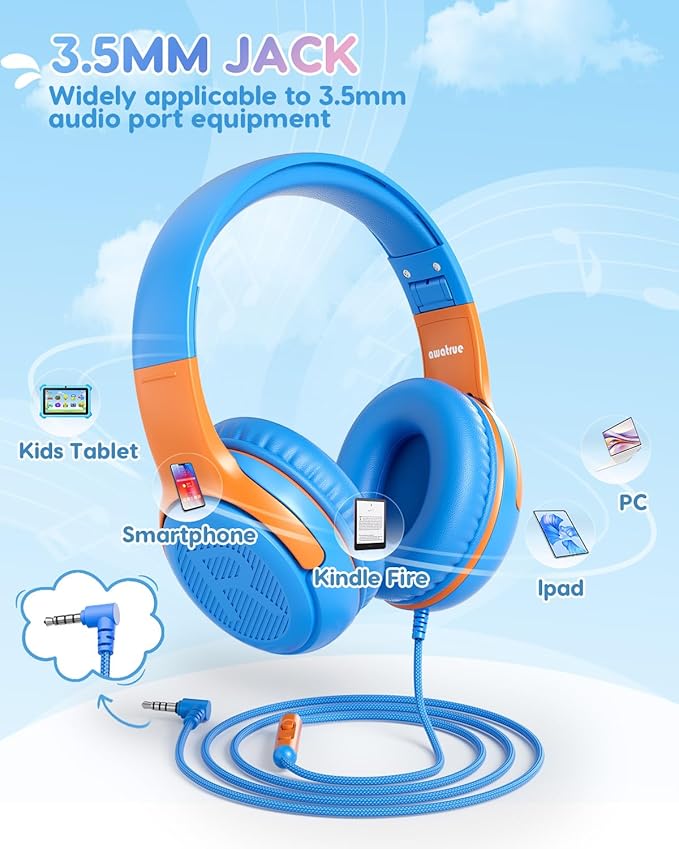 Kids Headphones Wired Toddler Headphones with Microphone, Over-Ear Headphones, 85/94dB Volume-Limiting, 3.5mm Jack, Foldable On-Ear Design - Safe & Comfortable for Learning & Entertainment