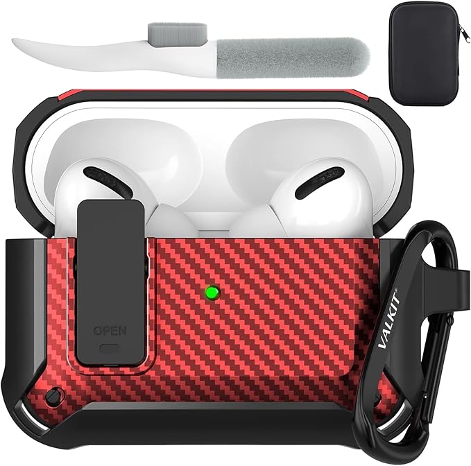 Valkit Compatible Airpods Pro Case with Lock Clip, Carbon Fiber Texture Air Pod Pro Case Cover with Keychain for Men Women Cool AirPod Pro Shockproof Protective Case for AirPods Pro 2019, Black/Red