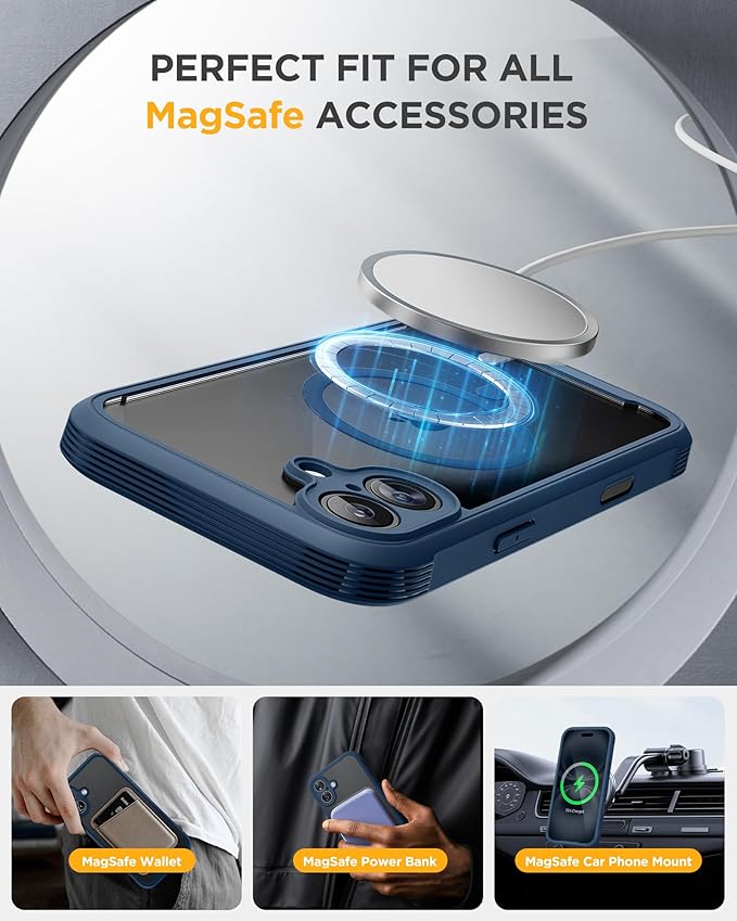 Miracase Magnetic for iPhone 16 Plus Case Full-Body Phone with Built-in Glass Screen Protector, [Compatible with MagSafe] Military Drop Proof 16 Plus Cover Bumper, Storm Blue