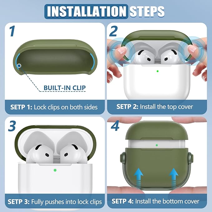 Safety Lock for Airpods 4 Case, TPU Case for Apple Airpods 4 Case 2024 USB-C with Cleaner Kit, Drop Protection Airpods 4 Case Cover for Men with Lock and Keychain, Army Green