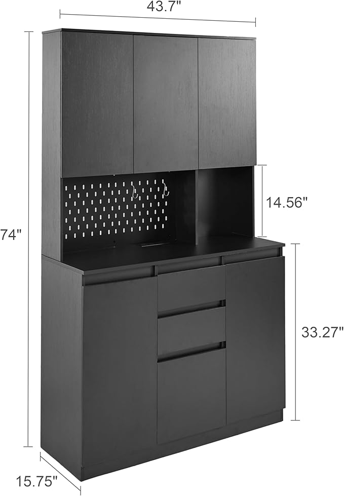 Tatub 74” Pantry Cabinet with Power Outlet, Kitchen Hutch with Storage & Microwave Shelf, Black Kitchen Pantry Storage Cabinet with LED Light Strip