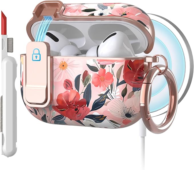 TATOFY for AirPods Pro 2nd Generation Case with Lock Carabiner Cleaner, Slim AirPod Pro 1st & 2nd Hard Case Cover, Compatible with MagSafe (Water Pink)