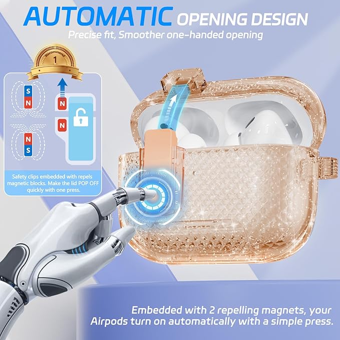 for AirPods Pro 2 Case with Phone Stand & Secure Lock, Auto-Open Clear Cover Compatible with Apple AirPods Pro 2nd/1st Gen (2023,2022,2019) with Cleaning Kit & Keychain (Shine-Clear Brown)