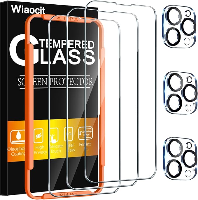 Wiaocit 3 Pack Tempered Glass Screen Protector for iPhone 14 Pro with 3 Pack Camera Lens Protector, 9H Hardness, Bubble Free, Case Friendly