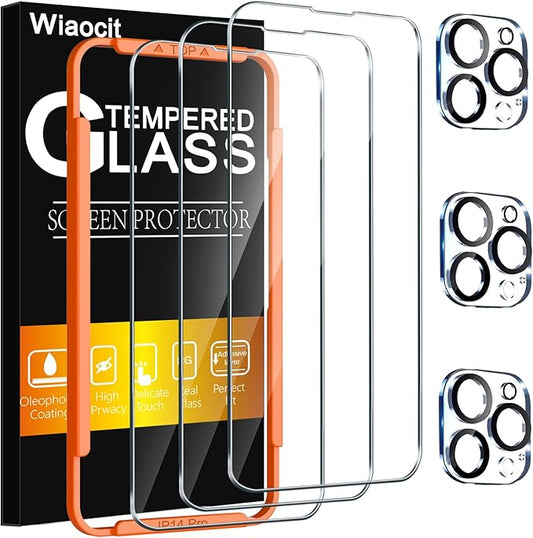 Wiaocit 3 Pack Tempered Glass Screen Protector for iPhone 14 Pro with 3 Pack Camera Lens Protector, 9H Hardness, Bubble Free, Case Friendly