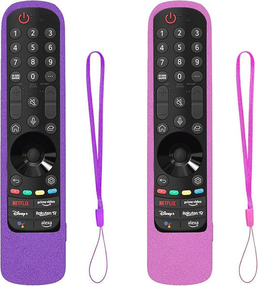 2 Pack Remote Cover for LG Magic, Silicone Protective Case for LG Smart TV Remote Controller LG MR21/ 22/23 Shockproof Anti-Slip Remote Case Sleeve with Anti-Lost Loop (Purple + Hot Pink not Glow)