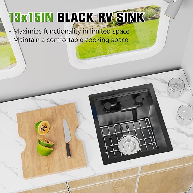 Black RV Kitchen Sink, 13x15In Stainless Steel Undermount Single Bowl Space-Saving Workstation Kitchen&Bar Sink Come With Foldable Faucet,Cutting Board,SS Grid Nice For RV,Tiny Home,Small Bar