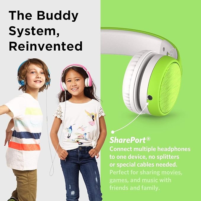 LilGadgets Connect+ Style On-Ear Kids Headphones with Microphone - SharePort Technology, SoftTouch Padding, Detachable Cable, Volume Limiting, Durable & Adjustable - Green