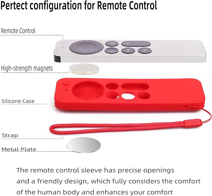 Hi Color Silicone Remote Case for Apple TV 4K 2nd Gen 2021 Siri Remote Anti-Slip Durable Silicone Cover Magnetic Protective Sleeve Shockproof Remote Case (Red)