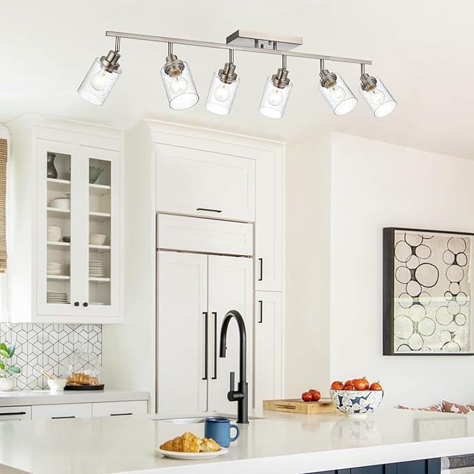 6-Light Brushed Nickel Kitchen Track Lighting Fixtures Ceiling Mount Track Lighting Kit with Bubble Seeded Glass Shade Modern Bathroom Tracking Vanity Lights Ceiling Tracking Accent Shop Light
