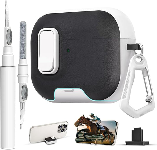 for AirPods Pro 3 Case with Lock,TPU Leather Texture Durability Anti-Lost & Shockproof Protective Cover Accessories with Cleaning Kit in Keychain for Apple AirPod Pro 3 Generation 2025(White/Black)