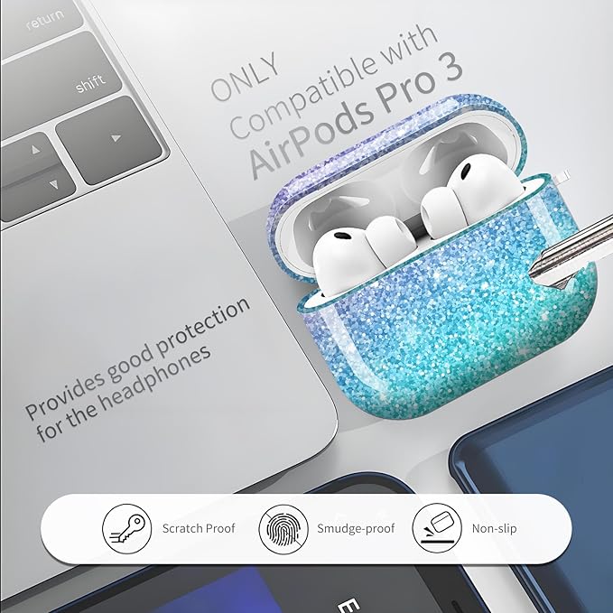 Compatible with AirPods Pro 3 (2025) Case, Airpod Pro 3 Protective Cover with Cute Golden Keychain for Girls & Women (Pink Blue Gradient)