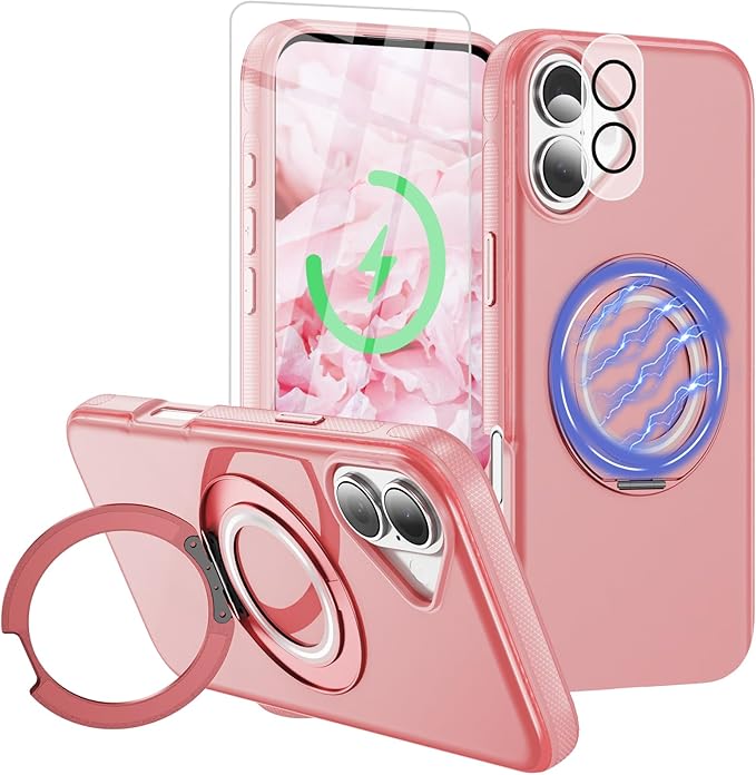 for iPhone 17 Case [Compatible with Magsafe] [15 FT Military Grade Drop Protection] with Screen Protector & Lens Protector,Shockproof Kickstand Phone Case for iPhone 17 (Pink)