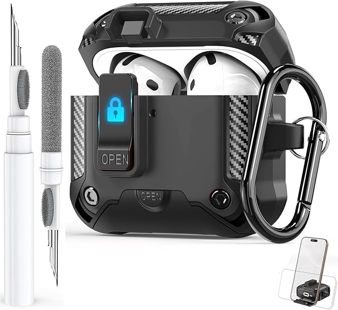 for Airpods 4 Case with Phone Stand&Lock Clip, Rugged Apple Airpods 4th Generation Cover 2024 Men Women, Armor Shockproof iPod 4 Gen Protective Hard Shell with Carabiner&Cleaner kit, Black