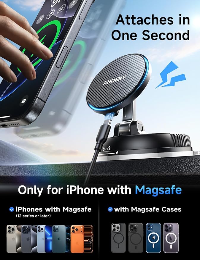 ANDERY Only for iPhone Magsafe Car Mount Charger [15W Wireless Faster Charging, 78+LBS Strongest Suction, 2400gf Strongest Magnetic] 360° Adjustable, Phone Holders for Your Car Accessories Kits