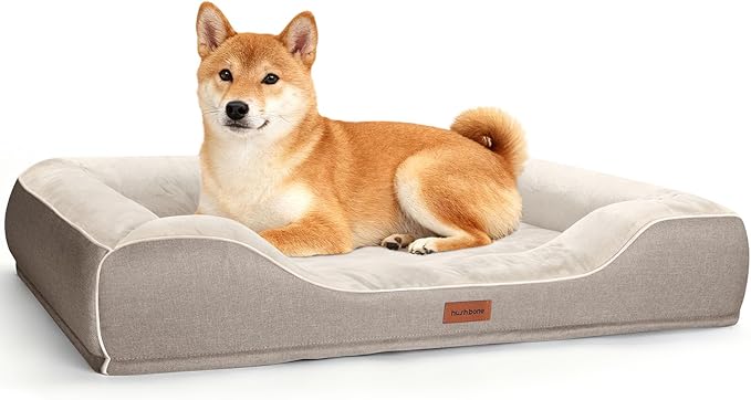 Cooling Dog Beds for Large Dogs with Removable Faux Fur Washable Covers,Waterproof Orthopedic Pet Couch Bed with Cool Gel Memory Foam and Bolster Side for Senior Pets,36" x 27" x 6.5" Beige