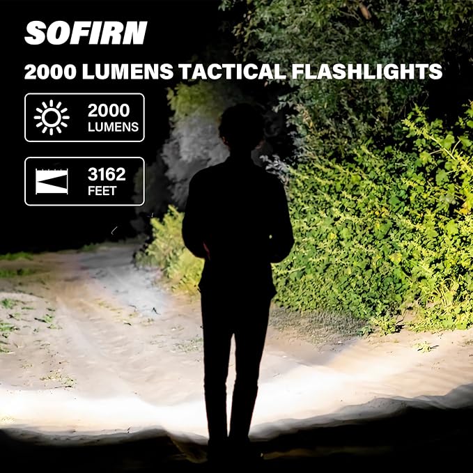 Sofirn Tactical Flashlight 2000 Lumens, 3162 Feet Beam Long Throw, Long Runtime, Hidden Type-C Port, Dual Tail Switch, Rechargeable Zoomable Light for Hunting/Camping/Emergencies, IPX8 Waterproof