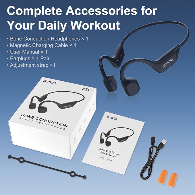sunvito Bone Conduction Headphones, Open-Ear Bluetooth Wireless Sport Headphones, Ipx6 Waterproof Lightweight Earphones with Earbuds for Running Sports, Gym, Cycling, Long 10H Playtime, Black