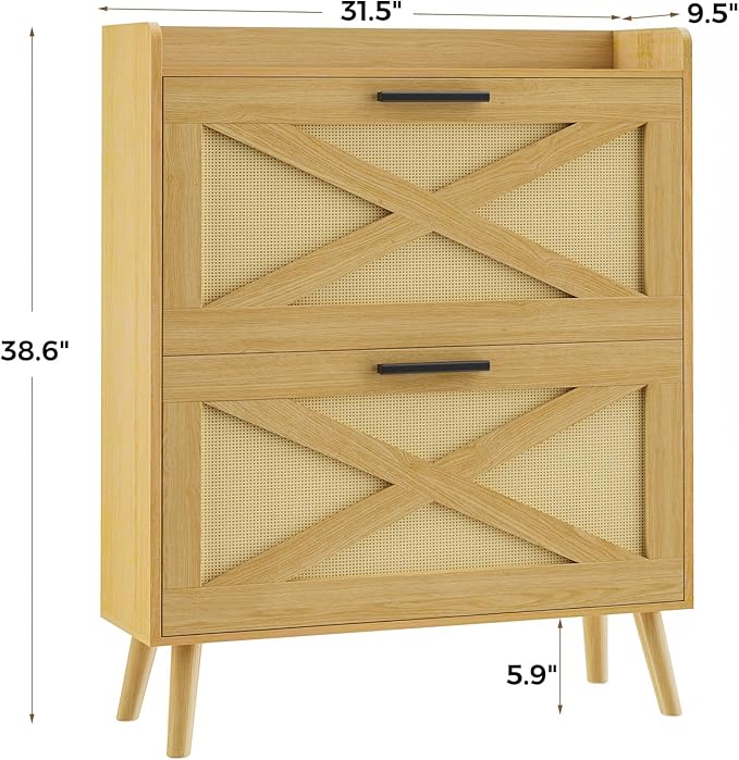 32" W Farmhouse Shoe Storage Cabinet with 2 Flip Drawers and Barn Door Design, Adjustable Shelves, Hidden Slim Narrow Shoe Rack Cabinet for Entryway, Foyer, Hallway, Living Room, Natural